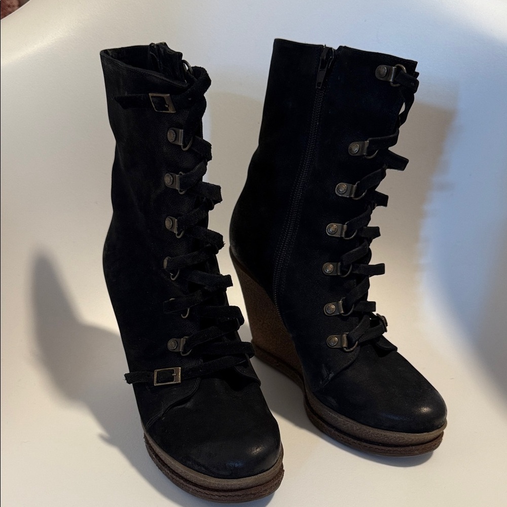 Black Suede Leather Wedge Lace up Side zipper Boots Fleece lined EU37/US6.5